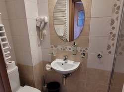 łazianka w pokoju jednoosobowym wyposażona jest w umywalkę z lustrem, kabinę prysznicową oraz toaletę 