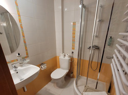 W łazience znajduje się umywalna z lustrem, kabina prysznicowa oraz toaleta.